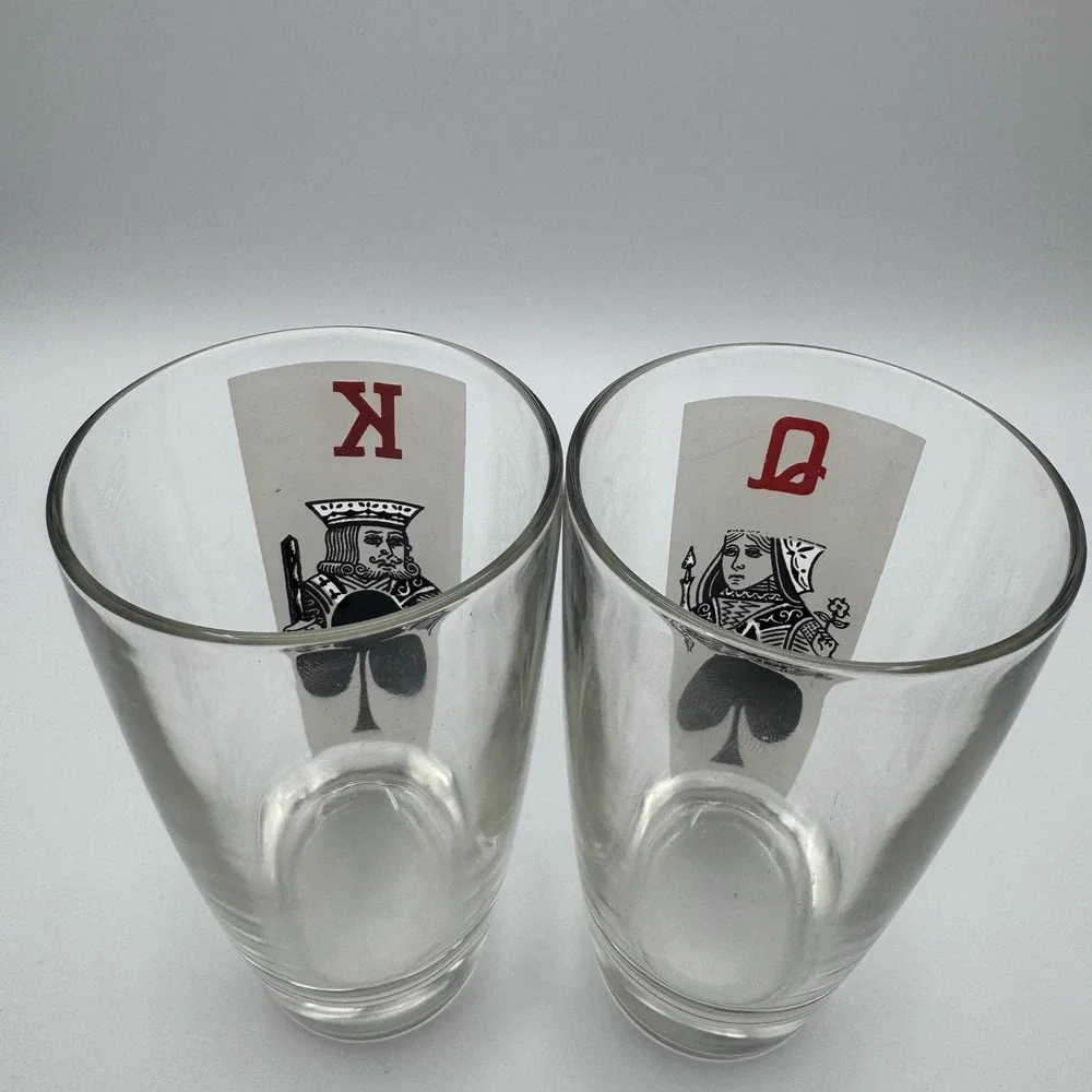 Vintage Playing Card Glasses Set of 2 King of Clubs Queen of Spades MCM